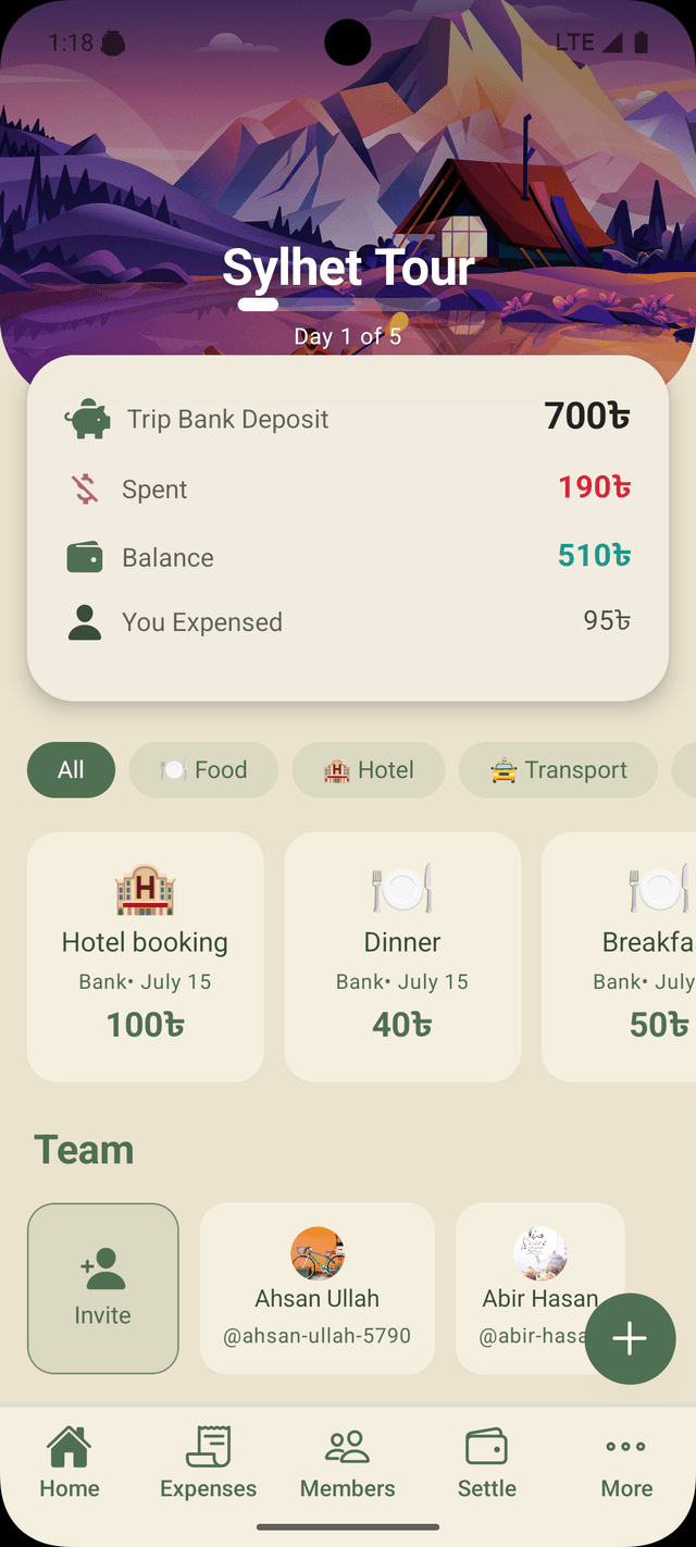 TripSplit App - Home with Trip